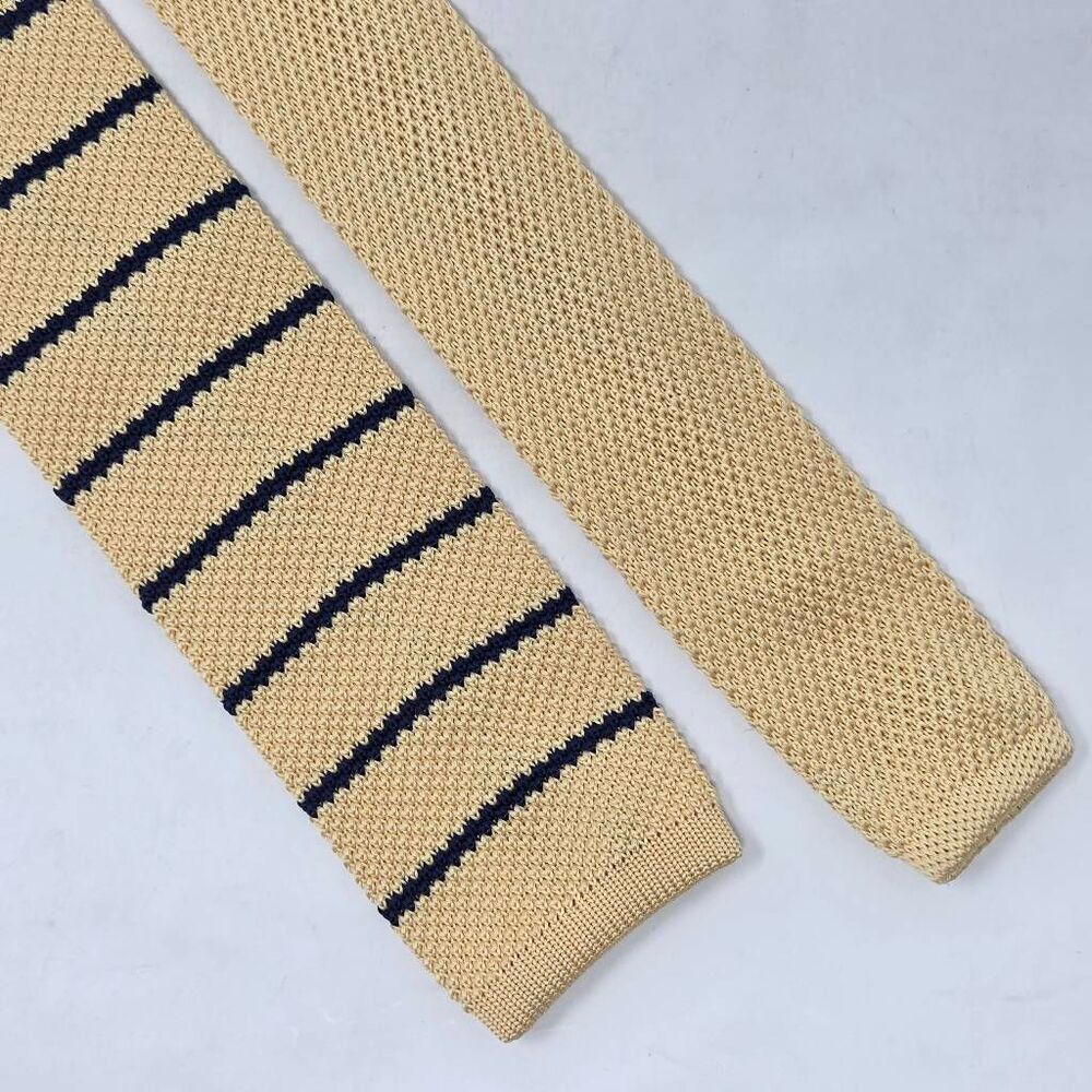 SERO NEW ENGLAND KNIT SQUARE TIP POLYESTER TIE YELLOW BLUE STRIPE 2.75" X 59"